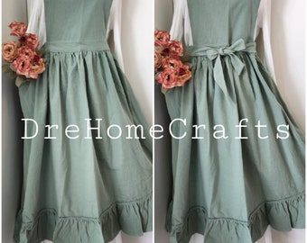 hide belly , apron for women retro , green , with pocket , ruffled apron , vintage style pinafore apron dress , valentine gift for her idea