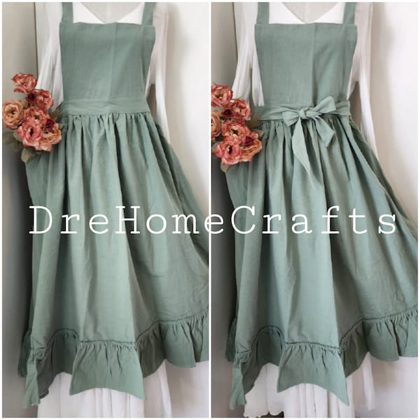 hide belly , apron for women retro , green , with pocket , ruffled apron , vintage style pinafore apron dress , valentine gift for her idea