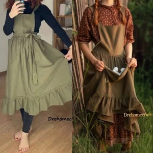 aprons for women with pocket , pinafore aprons for women retro , green , medieval, kitchen dress , apron dress , ruffles , her gift, pink Dark Green