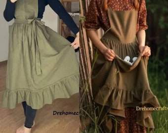 aprons for women with pocket , pinafore aprons for women retro , green , medieval, kitchen dress , apron dress , ruffles , valentine gift