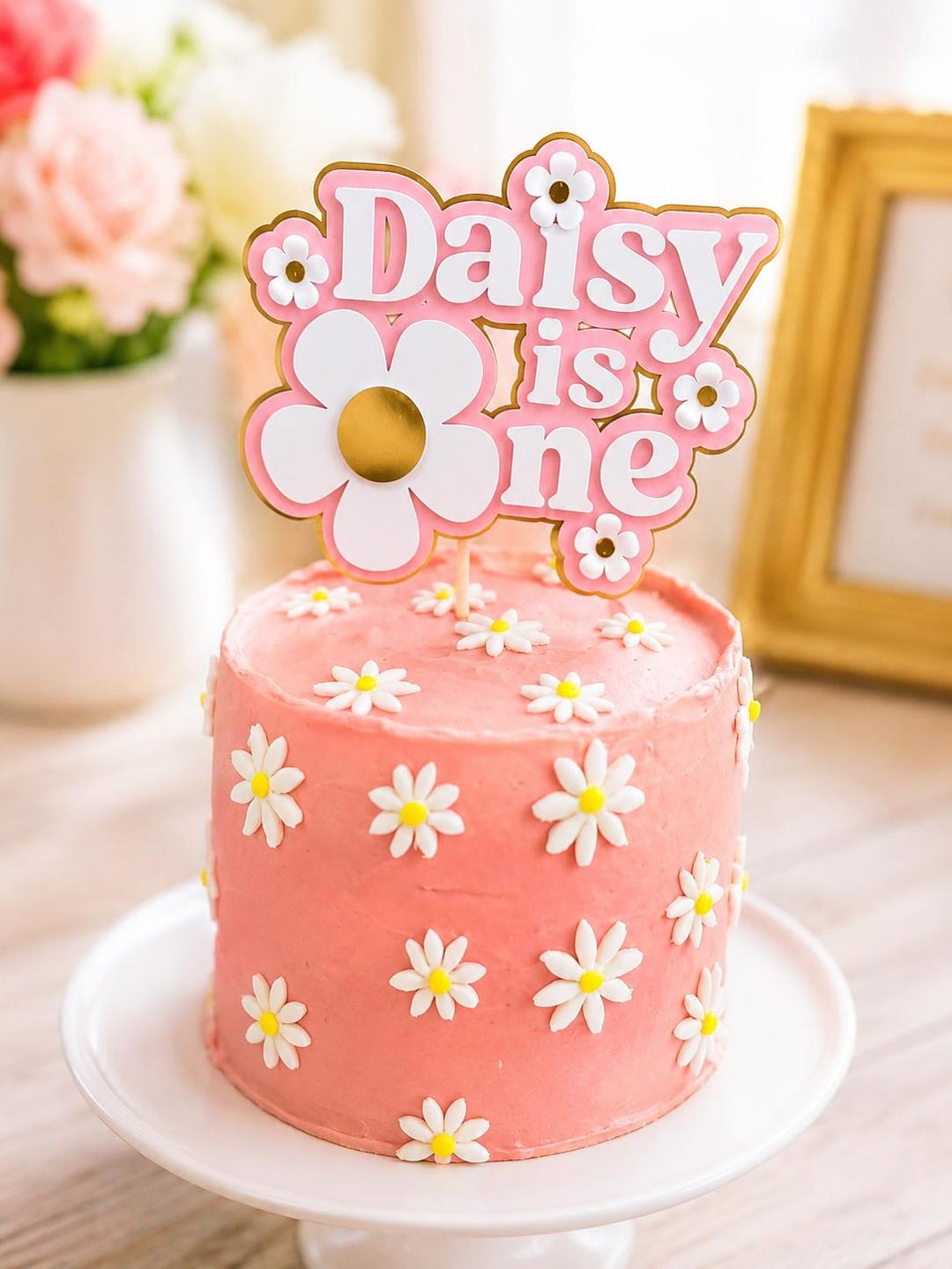 Personalised Daisy Cake Topper, Pink Floral Birthday Party Decoration ...