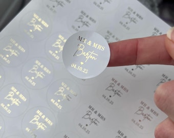 Foiled Wedding Favour Stickers, Mr & Mrs Labels, Wedding Favours, Personalised Wedding decor