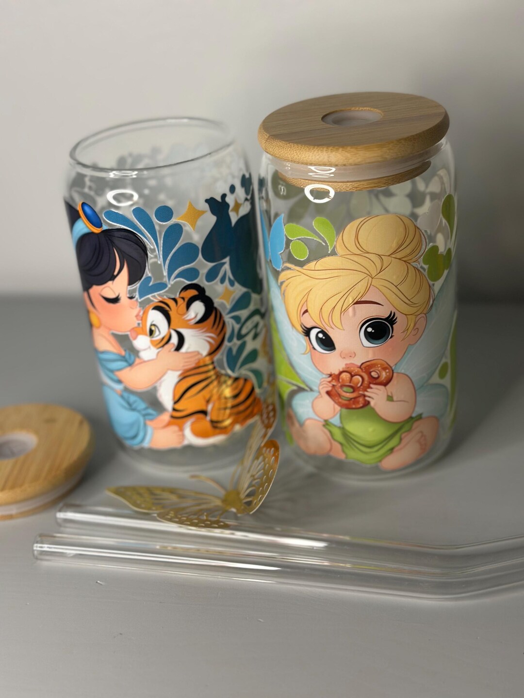 Princess Glass Containers Baby Princess Glass Can With Bamboo Lid and Glass Straw – Disney ...