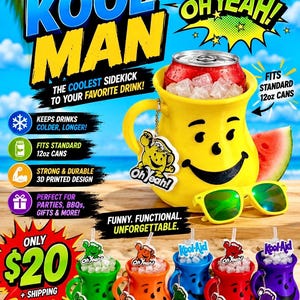 May include: A yellow 3D printed drink holder shaped like a smiling face, designed to fit a standard 12oz can. The holder features a matching character charm and is displayed alongside five other colored versions in green, orange, blue, red, and purple.