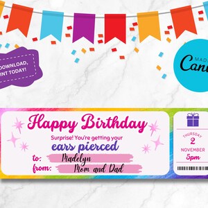 Ohr Piercing Geschenkgutschein, Geschenkticket Vorlage, personalisiertes Geschenk, Erlebnis Geschenkgutschein, benutzerdefinierter Coupon, druckbarer Gutschein