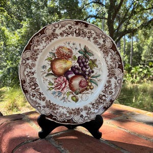 Vintage Johnson Brothers Windsor Ware Dinner Plate - Harvest Fruit Pattern, Brown Transferware and Hand Painted Accents - Made in England