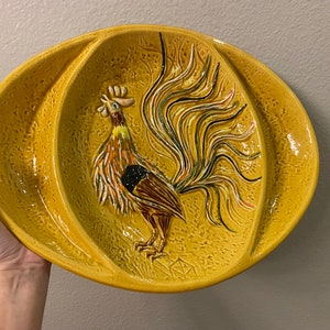 Mid Century California Pottery Funky Rooster Divided Platter - Marked USA 1063