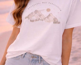 Progress Over Perfection Shirt, Mountain Graphic Tee, Inspirational T-Shirt, Motivational, Minimalist Nature Tee, Hiking,  Bella+Canvas® Tee