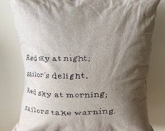 Nautical Pillow Cover, Red Sky at Night Pillow, Hand Painted Coastal Decor, Sailor’s Delight Home Accent, Beach House Gift