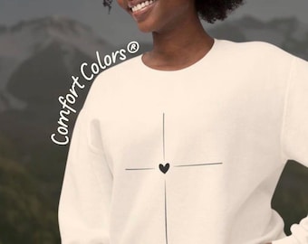 Heart Cross Sweatshirt, Minimalist Christian Crewneck, Faith-Based Apparel, Comfort Colors® Sweatshirt, Religious Gift