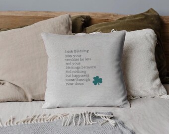 Hand Painted Irish Blessing Pillow Cover | St Patrick’s Day Shamrock Decor