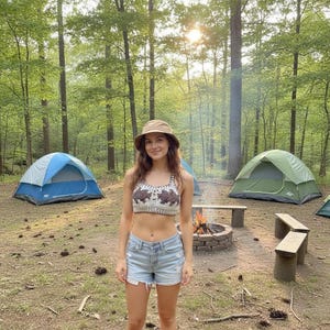 Puede incluir: Una persona con un top de ganchillo, pantalones cortos de mezclilla y un sombrero de pescador est&aacute; en un campamento forestal. Se ven dos tiendas de campa&ntilde;a en el fondo, junto con una fogata y bancos. La escena se desarrolla en un bosque con &aacute;rboles altos y sol.