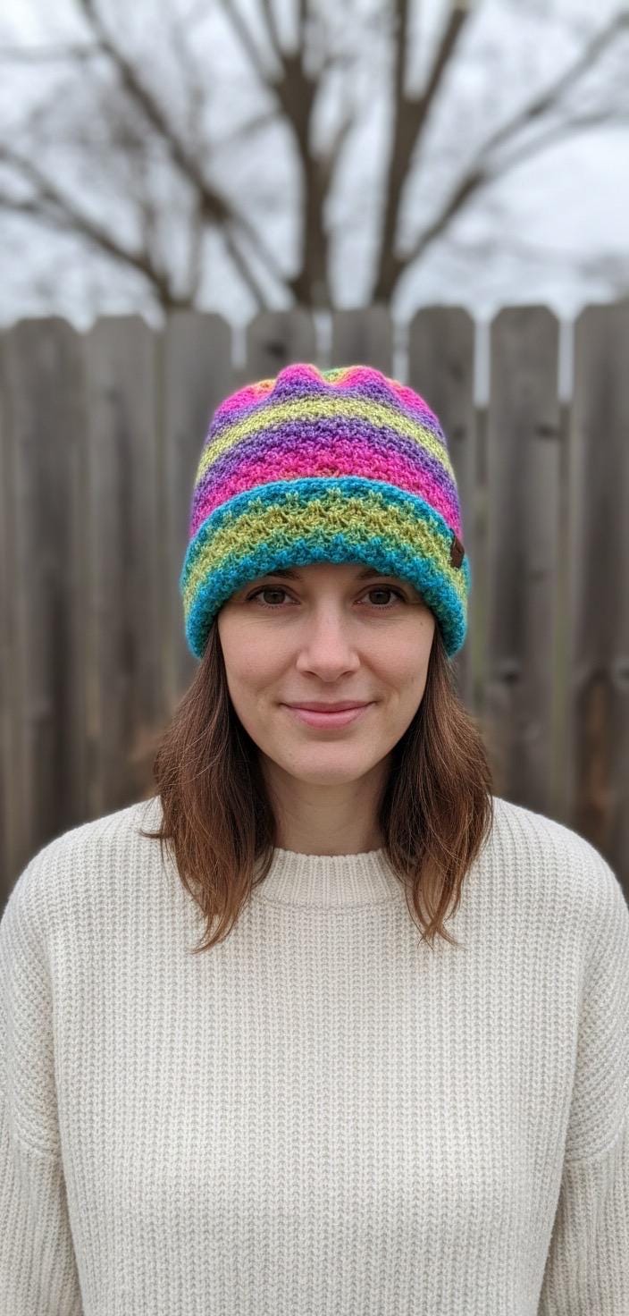 Joy - Crochet - Wool colorful beanie, Brimmed slouchy hat Adult Size S/M