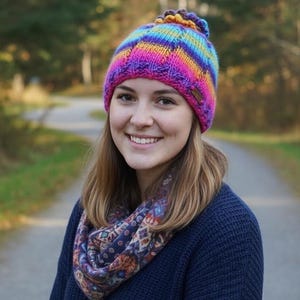 May include: A colorful knit hat with rainbow stripes and a pom-pom, paired with a patterned scarf and a navy blue sweater. The hat is the focal point, with vibrant hues of purple, blue, green, and yellow.