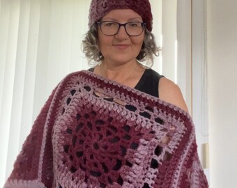 Bordeaux - Poncho au crochet avec bonnet assorti | Pull-over pour femme | Des cadeaux pratiques !