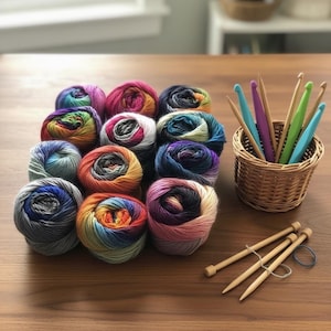 May include: A collection of colorful yarn balls in various shades of blue, pink, orange, and green, arranged on a wooden table. A small wicker basket holds crochet hooks, and knitting needles are also present, suggesting a crafting theme.