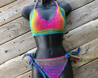 Meadow - Ensemble de bikini au crochet, soutien-gorge et culotte au crochet multicolores, maillot de bain 2 pièces tricoté à la main, cadeaux pratiques !