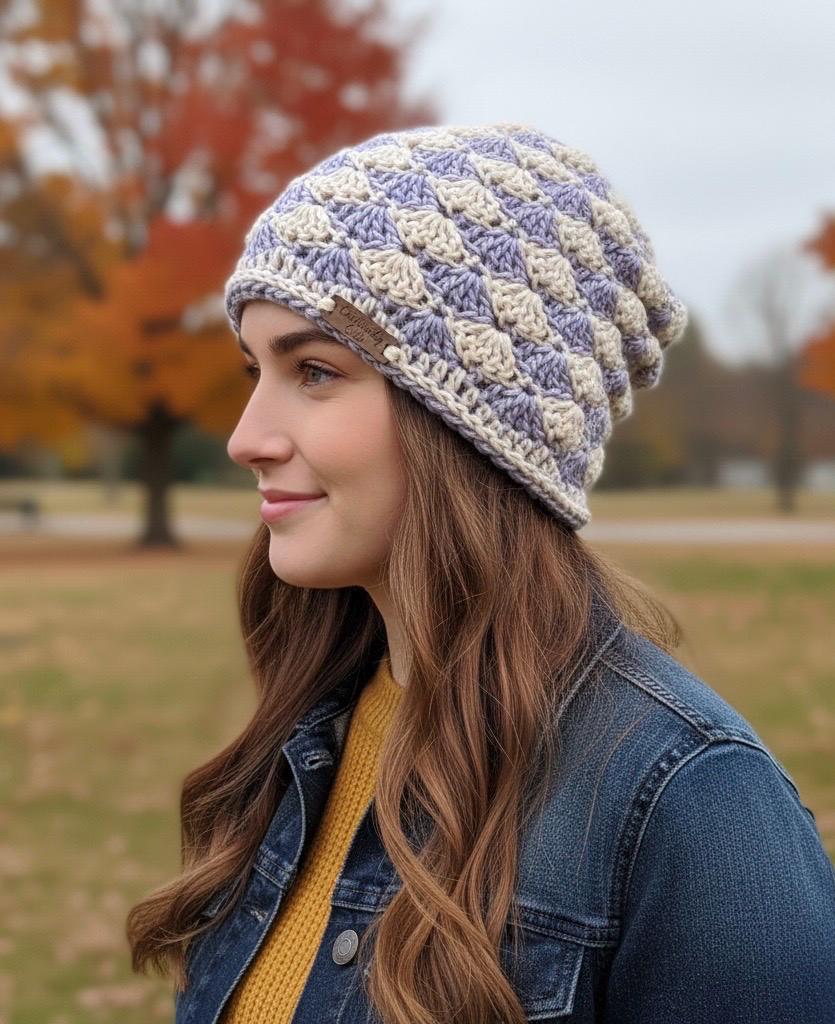 Handmade Lavender Multi-Color Crochet Slouch Beanie - Women Accessories Lavender Shells Crochet Slouchy Beanie: Lightweight Cotton  main image 3