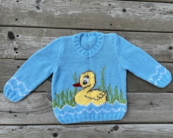 Caneton - pull fin bleu bébé fille garçon en tricot à la main pour tout-petit, pull en tricot à motif jacquard à col en V