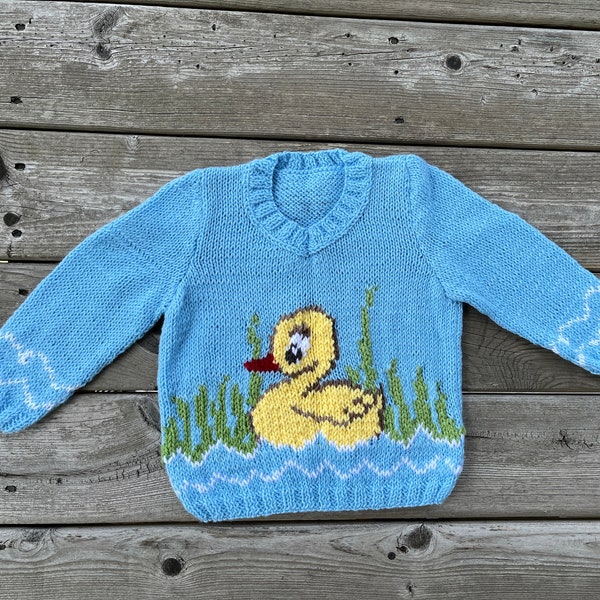 Duckling - Hand Knit Blue Baby Girl Boy Thin Sweater for Toddler Sweater, V-neck Knit fair isle design sweater