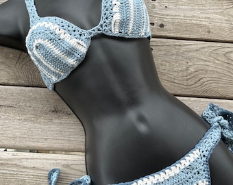 Waves - Crochet - Ensemble de bikini 2 pièces 100 % coton égyptien de haute qualité, vêtements de plage, soutien-gorge en tricot, cadeaux pratiques ! Fête sur la plage !