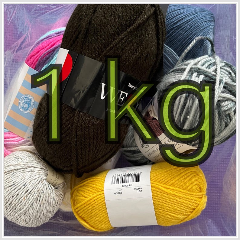 May include: A collection of six skeins of yarn in various colors, including pink, green, blue, gray, brown, and yellow. The skeins are arranged on a purple surface. The text "1 kg" is written in green letters on a black background.