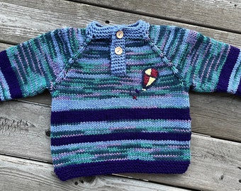 Kite - Boys Striped long sleeves Henley Sweater. Kids hand - knit Pullover. Practical gift. Lose fit kids size 2-4 years old
