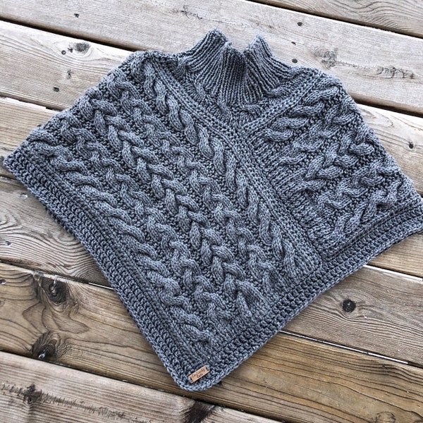 Grey Turtleneck hand Knit Poncho, casual Pullover Sweater for women, Practical Gifts!