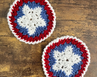 Independence Day Crochet Coasters – Red, White & Blue Patriotic | 4th of July party decor  | Patriotic table decor