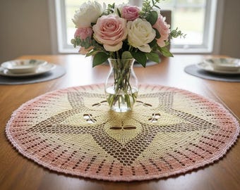 Yellow Pink Cotton Dragonfly Doily: Handmade Crochet Table Accent (32.5" Diameter)