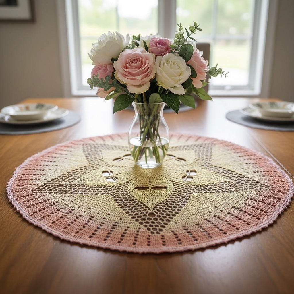 Handmade Crochet Dragonfly Doily Yellow & Pink Cotton Table Accent, 32.5 Inch Large Round Rug
