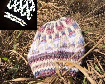 Fair Isle Hand knit High Visibility REFLECTIVE winter hat, Slouchy beanie, Brim Beanie, Practical Gifts!