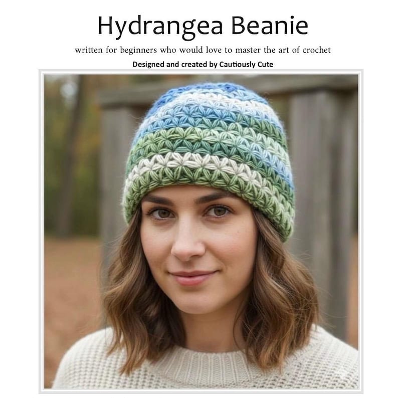 アジサイのビーニーかぎ針編みパターン：21ページにわたる初心者向けマスタークラス｜ステップバイステップの写真、ビデオチュートリアル、1対1のサポート｜PDFダウンロード 画像 1