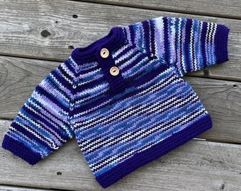 Geai bleu - tricot main - pull à col boutonné bleu, pull rayé à manches longues, chiffons faits main pour les enfants !