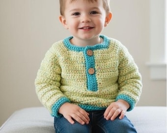 Crochet Classic Henley style with buttoned placket, Handmade Long Sleeve Sweater for kids!