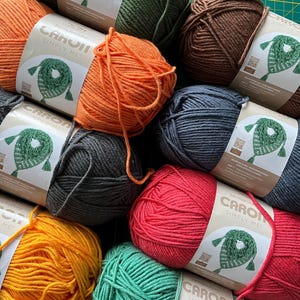 May include: A collection of Caron Simply Me yarn skeins in various colors, including orange, green, red, and gray. Each skein is wrapped with a label featuring a green scarf design. The yarn is ideal for knitting and crochet projects.