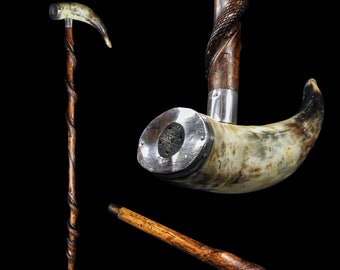 An Italian Folk Art Bovine Horn Walking Stick with Silver Embellishments Circa. 19th Century.