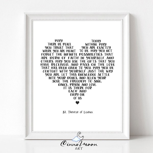 St Therese of Lisieux-May Today there be peace-Spiritual art-Calligraphy Heart-Prayer Print-Catholic-Bible Verse-Religious Quote-Wall Art