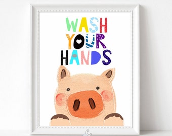 Wash your hands-Pig-Bathroom prints-Bathroom art-Kids Bath-Kids Bathroom Wall Decor-Children Bathroom-Kids Bathroom poster-Funny Toilet sign