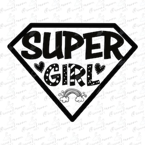 May include: Black and white graphic design of a superhero logo with the text "SUPER GIRL" inside a diamond shape. The logo has a heart, stars, and a rainbow.