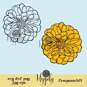 Könnte beinhalten: Zwei stilisierte Illustrationen einer Zinnie. Eine ist schwarzweiß, die andere ist gelb mit roten Akzenten. Der Text "Hippily" und "Cempasuchil" befindet sich am unteren Rand des Bildes.