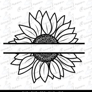 May include: A black and white line art illustration of a sunflower with a split design, perfect for creating a custom design with text or images.