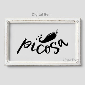 May include: Black and white digital print of a chili pepper with the word "picosa" written in a cursive font. The print is framed in a white frame.