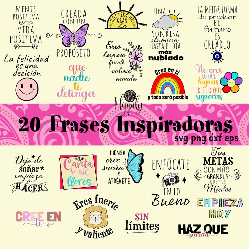 May include: A pink background with 20 inspirational phrases in Spanish. The phrases are written in a variety of fonts and colors. Some of the phrases include: "Cree en ti" (Believe in yourself), "Eres fuerte y valiente" (You are strong and brave), and "Haz que suceda" (Make it happen).