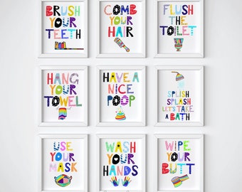 Bathroom prints-9 Kids Bathroom prints-Children bathroom-School bathroom-Bathroom rules-Wash your hands-Brush your teeth-Flush the toilet