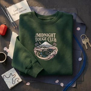 May include: A dark green crewneck sweatshirt featuring an embroidered graphic of a sports car drifting on a winding road with a mountain in the background. The text reads Midnight Touge Club, accompanied by two checkered flags and a crescent moon.