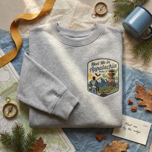 May include: A light gray crewneck sweatshirt featuring a shield-shaped patch on the chest. The patch displays a graphic of a person in a blue and yellow suit standing near a lookout tower, mountains, and the text Meet Me in Appalachia Shelter 76.
