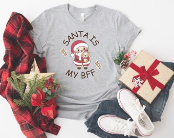 Santa Is My BFF with Puppy Christmas T-Shirt, Fun Christmas shirt, Christmas Gift T-Shirt