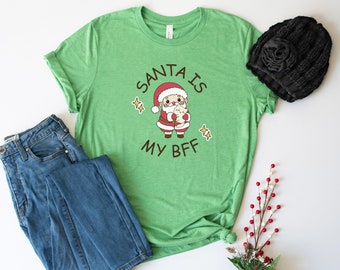 Santa Is My BFF with Kitten Christmas T-Shirt, Fun Christmas shirt, Christmas Gift T-Shirt, Vintage Vibe Christmas Shirt