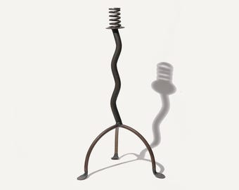 Vintage Sculptural Iron Candle Holder, Hand Forged Spiral Candlestick, Brutalist Metal Decor